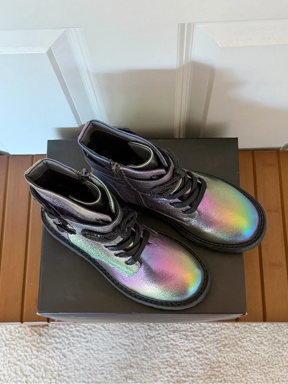 BCBG Girls Rainbow Iridescent Holographic Combat Boots - Black Laces Size 3M